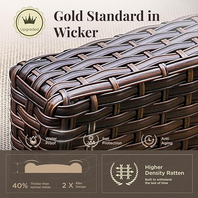 Patio Furniture Set, 8 Pcs Wicker Rattan Outdoor Conversation Set, 4 x Leg Chairs, 1 x 3 Seater Sofa and 2 x Ottoman with 4" Thick Cushion and 56" Fire Pit Table, Beige