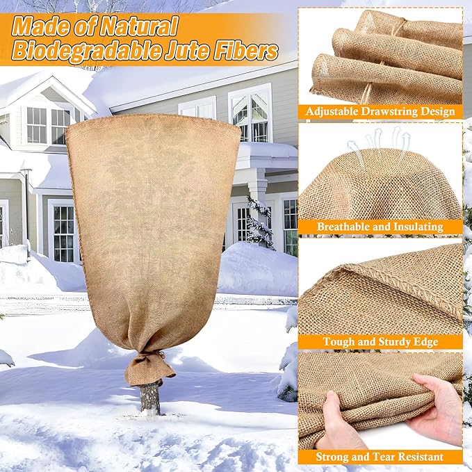 Legigo 3 Pack 32 X 40 Inch Burlap Plant Covers Freeze Protection Bags, Winter Plant Frost Covers with Drawstring, Reusable Tree Covers Burlap Frost Cloths Protection for Outdoor Plants Shrubs Fruit