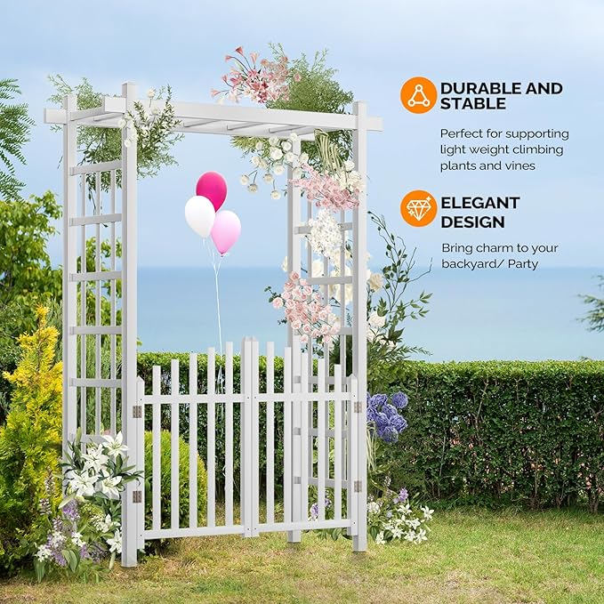 VINGLI Garden Arbor with Gate, PVC Wedding Arch for Ceremony Party, Garden Trellis for Climbing Plants Outdoor, Arch Backdrop Stand for Garden, Backyard, Lawn, Wedding