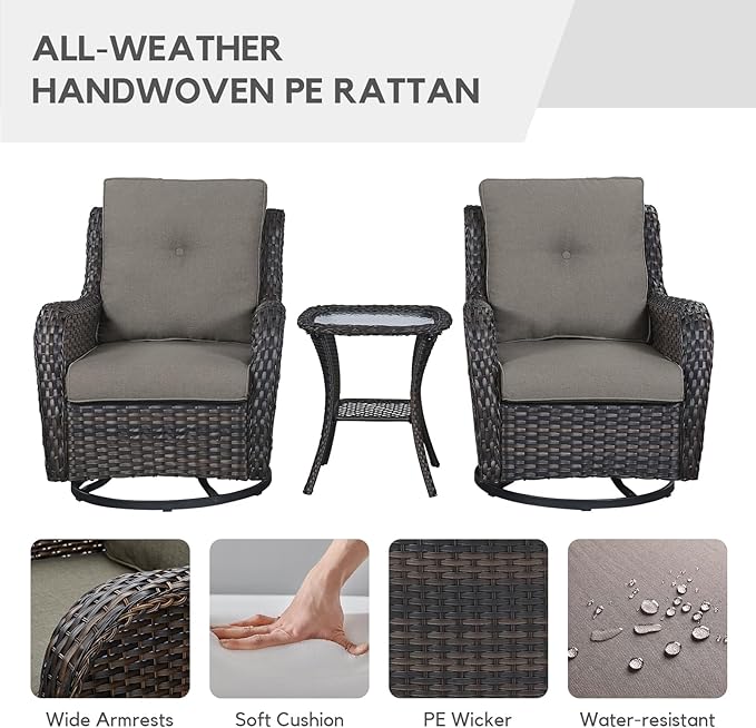 Patio Furniture 4 Piece, All-Weather PE Wicker Outdoor Furniture Set with CSA Certified 30in Propane Fire Pit Table,Outdoor Patio Furniture with Swivel Rocking Chairs