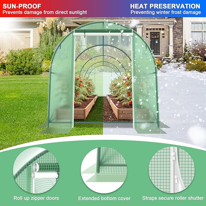 Greenhouses for Outdoors Heavy Duty 15 x 7 x 7 FT Portable Greenhouse for Winter with 8 Ventilated Screen Windows & Rolling Zipper Door & Reinforced Steel Frame Greenhouse Tunnel