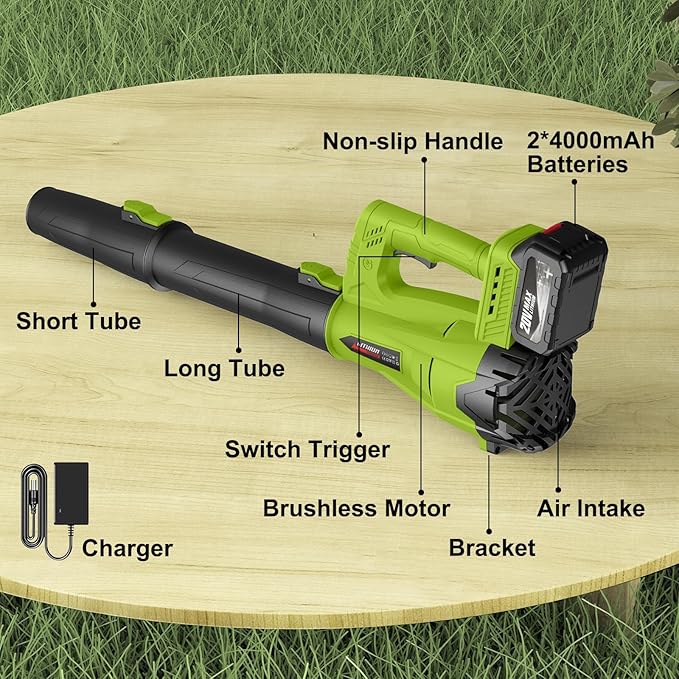 Leaf Blower Cordless with 2 x 4.0 Ah Battery and Charger, 160MPH/580CFM High Power Lightweight Handheld Electric Leaf Blowers with 2 Extended Tubes for Lawn, Yard, Leaves, Dust, Snow Care (Green)