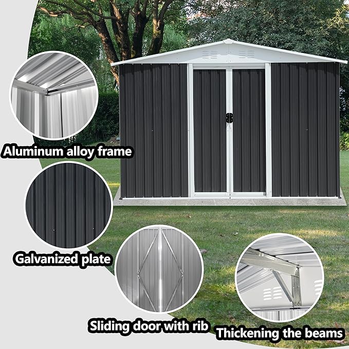 Ball & Cast 8x6 FT Outdoor Storage Shed, Metal Garden Sheds with Punched Vents and Sliding Door, Clearance Tool House with Aluminum Frames for Backyard Patio,Grey
