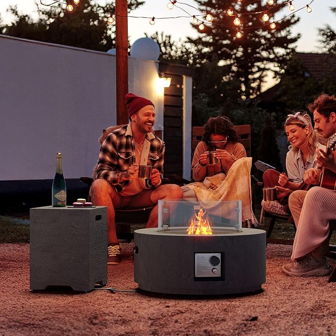 Cosiest Propane Fire Pit with Wind Guard&Tank Cover for Outside, 28 in Round Gas Fire Pits for Outdoor Patio, CSA Certified, 50000 BTU Concrete Rectangle Base with Rain Cover, Free Lava Rocks