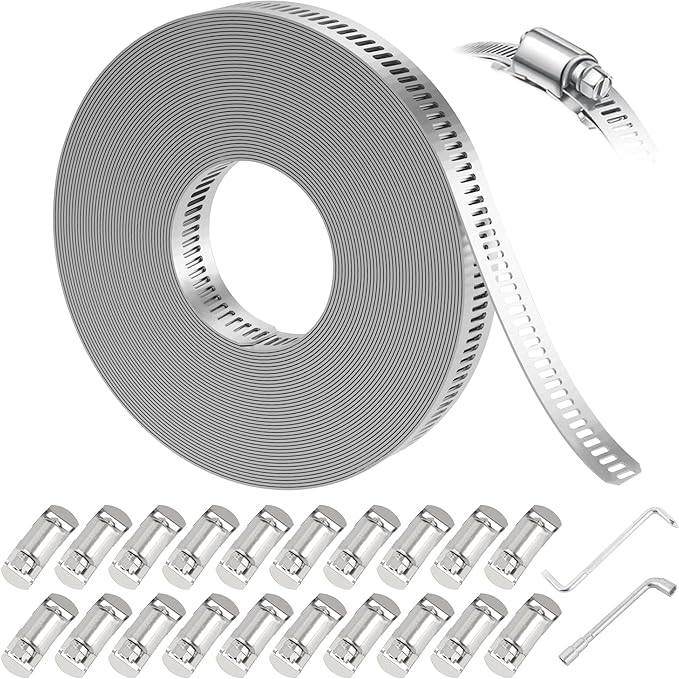 Hose Clamps Assortment Kit,Worm Gear Duct Pipe Hose, 32.8FT 304 Stainless Steel Band Fittings Strap DIY Large Adjustable Metal Bolt with 20 Fasteners Screw for Plumbing Auto Tube Fuel Line