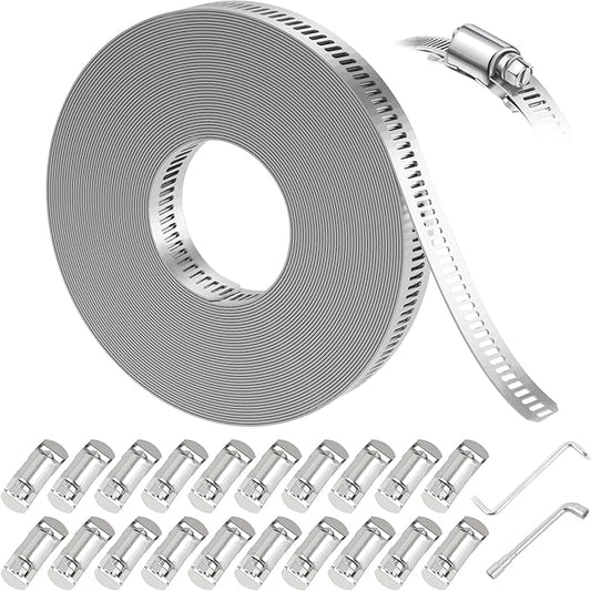 Hose Clamps Assortment Kit,Worm Gear Duct Pipe Hose, 32.8FT 304 Stainless Steel Band Fittings Strap DIY Large Adjustable Metal Bolt with 20 Fasteners Screw for Plumbing Auto Tube Fuel Line