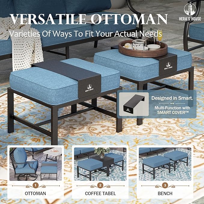 HERA'S HOUSE 7 Piece Patio Furniture Set, 4 x Leg Chair, 2 x Cushioned Ottoman, 1 x 3-Seat Sofa, All Cushioned 9 Seats Metal Outdoor Conversation Set for Lawn Garden Backyard