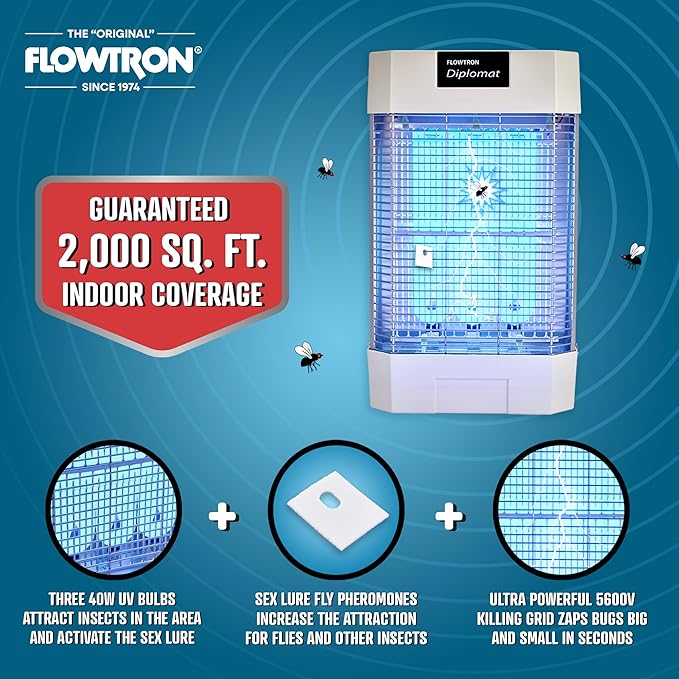 Flowtron Indoor Bug Zapper | Electric Fly & Insect Killer with 120W UV Light, Pheromone Lure Attractant, Shock Kill Grid & Reflector Panels | 2000 Sq Ft for Kitchen, Restaurant & Barn, UL Certified