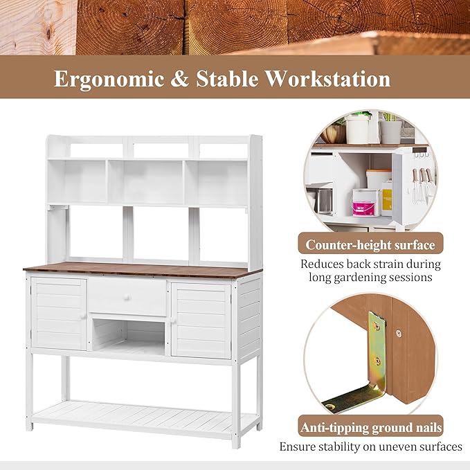 Outdoor Potting Bench, 100% Fir Wood Garden Work Table with Hutch, Drawer & Adjustable Shelves, Rustic Planting Station for Backyard, 50.2"x19.7"x66.1" (White, 66.1''H)