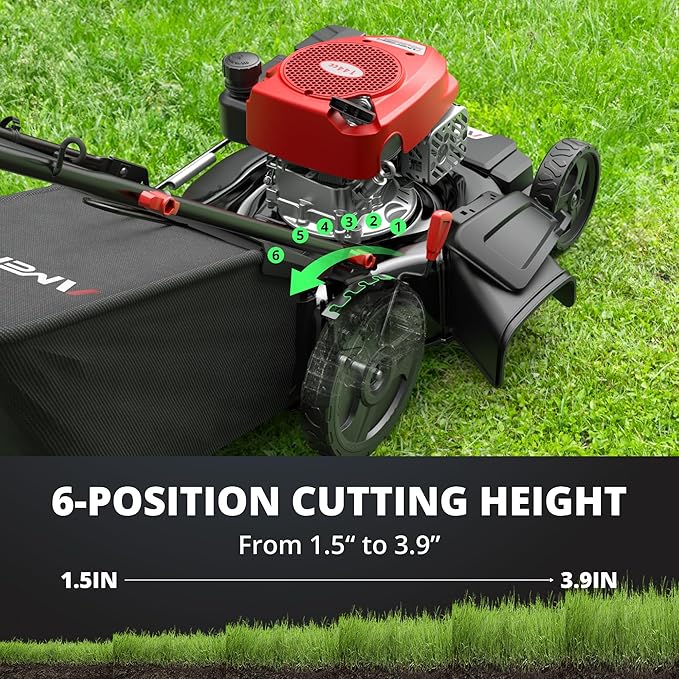 21-Inch 3-in-1 Gas Push Lawn Mower with 144cc 4-Stroke OHV Engine, 6-Position Adjustable Cutting Height, Large 1.4 Bushel Grass Catcher, Side Discharge & Mulching, Lightweight Easy Storage