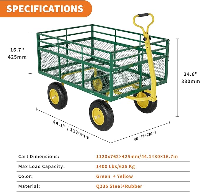 3-in-1 Heavy-Duty Steel Garden Cart, 1400 Lbs Garden Wagon, with 13 Inch All-Terrain Tires and Removable Mesh Side Panels, 180° Rotating Handle, Metal Utility Yard Trailer, Outdoor Gardens Wagon Cart