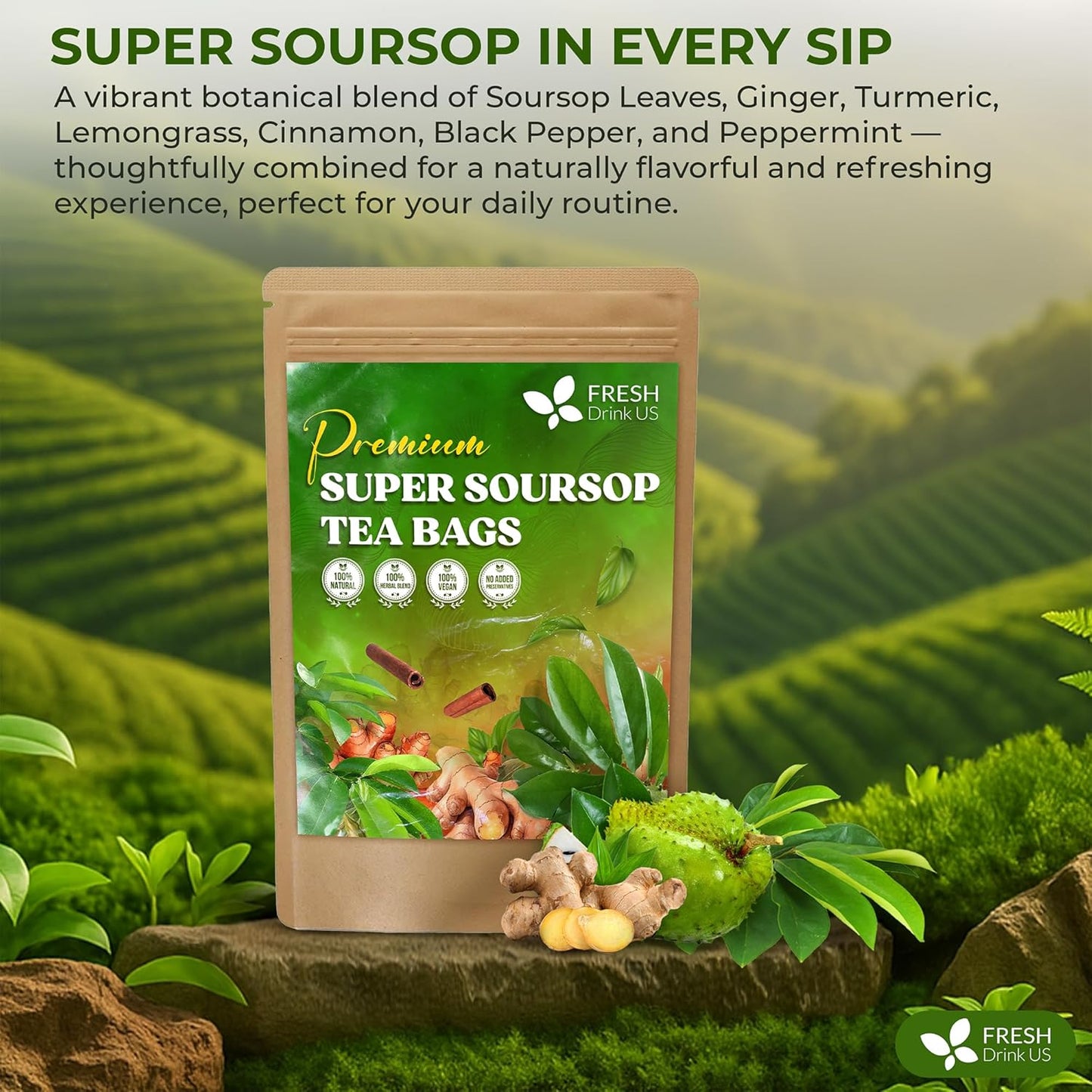 FreshDrinkUS, Super Soursop Herbal Tea – 60 Tea Bags | Soursop, Ginger, Turmeric, Lemongrass, Cinnamon, Black Pepper & Peppermint | Caffeine-Free, Natural Flavor, Plant-Based Blend | Sugar-Free