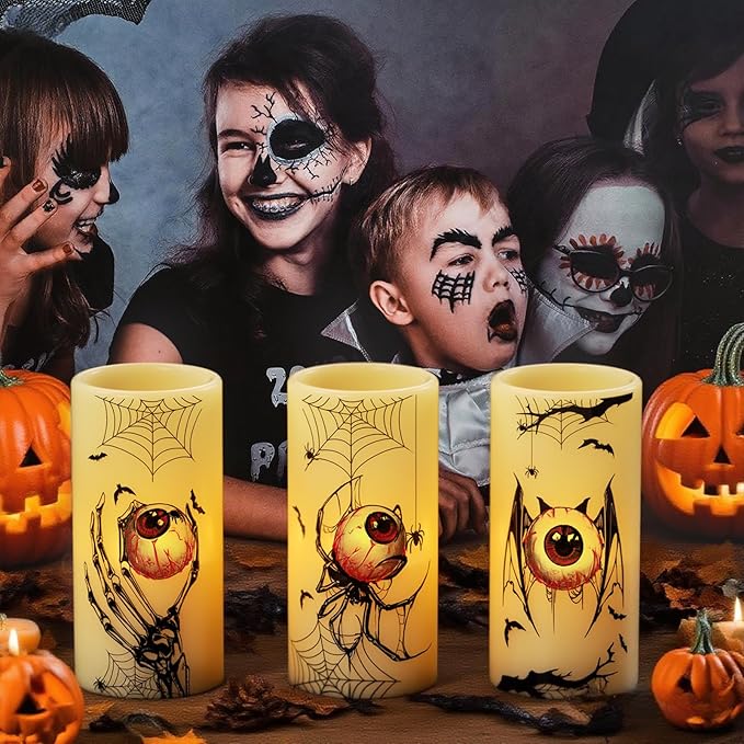 DRomance Halloween Flameless Flickering Candles Battery Operated with Timer, 3 Pack Real Wax LED Pillar Candles Spooky Bloody Eyes Spider Decals Dinner Halloween Decorations Indoor(3" D x 6" H)