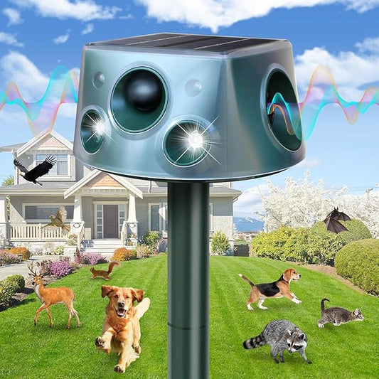 Solar Ultrasonic Animal Repellent, Waterproof Deer Repellent Devices with Motion Detection, 3 Mode, Cat Repellent Outdoor Squirrel Skunk Rabbit Raccoon Dog Mouse Deterrents Repeller for Yard Patio