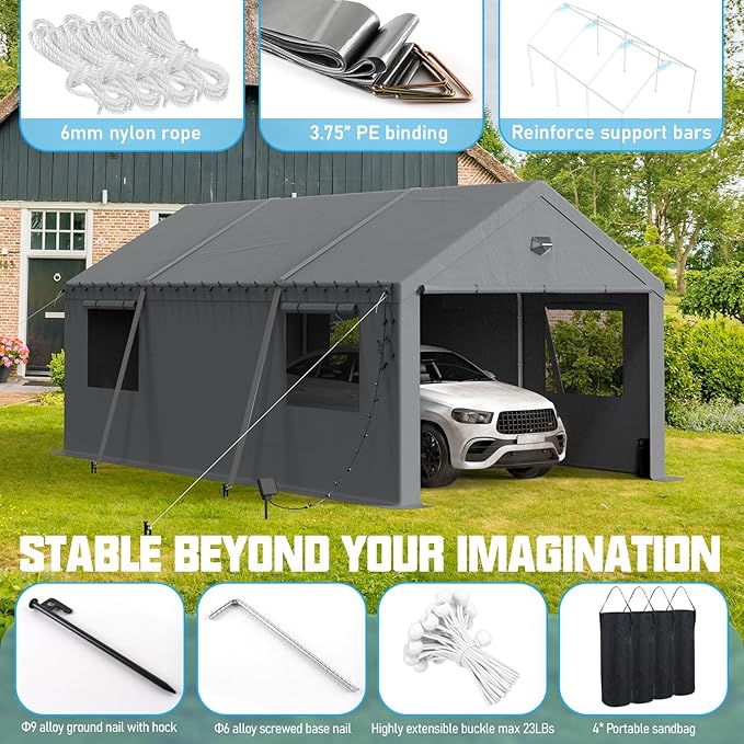 12x20 Carport, Heavy Duty Carport Canopy Garage with Removable Sidewalls and Drive Through Roll Up Zipper Doors, Grey