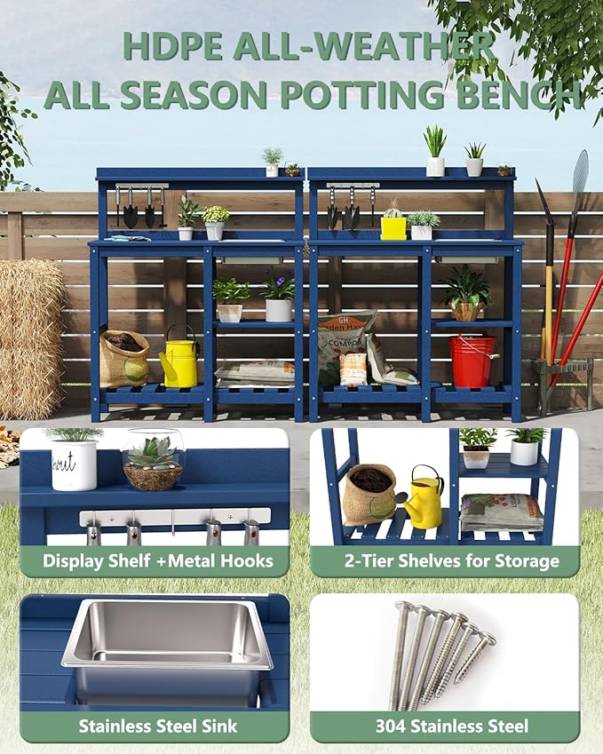 FOOWIN Potting Bench, HDPE Outdoor Potting Table with Sink, All-Weather Potting Benches for Outside, Gardening Table with Storage Shelf, Hook, for Garden, Patio, Lawns, Navy Blue