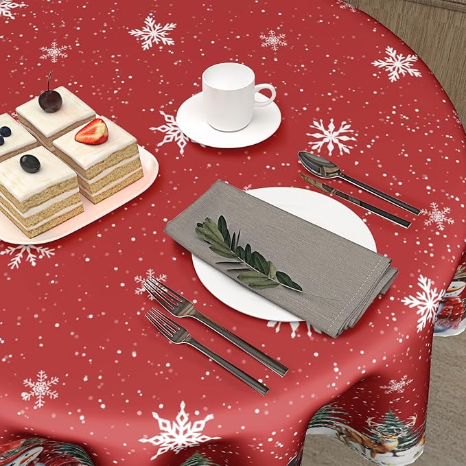 Giwawa Christmas Red Round Tablecloth 60 Inch Snowman Winter Snowflake Reindeer Decorative Table Cloth Polyester Fabric Washable Table Cover for Holiday Family Gathering Dining Party