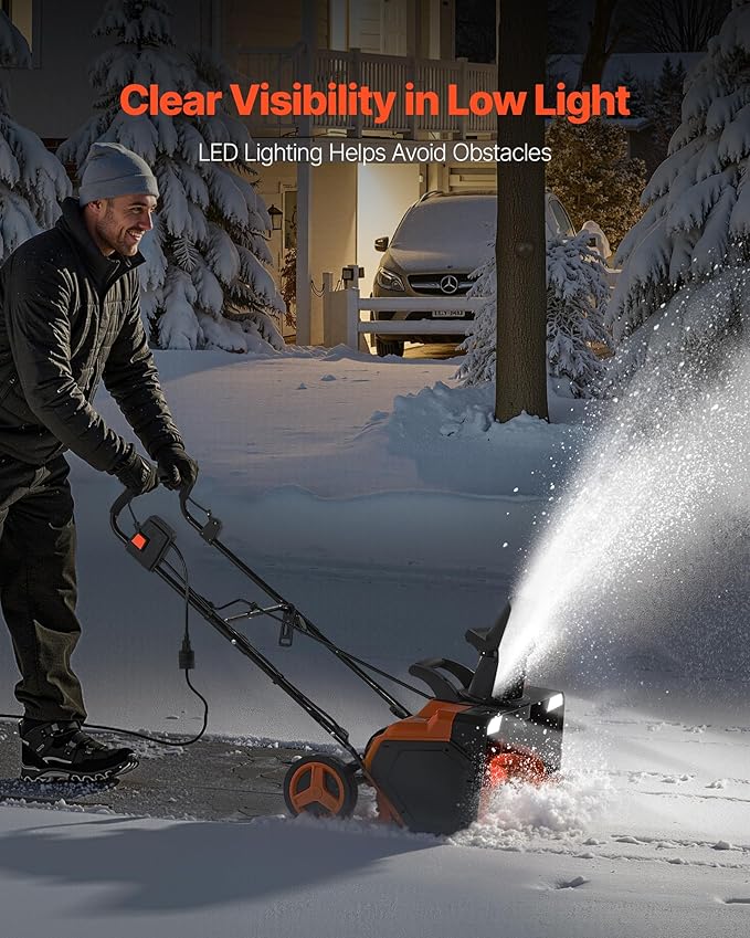 VEVOR Electric Snow Blower, 23 inch 15A Corded Snow Thrower with Dual LED Headlights & 180° Rotating Chute, 25FT Throwing Distance, 12" Depth Clearing, Walk-Behind Snowblower for Driveway Sidewalk