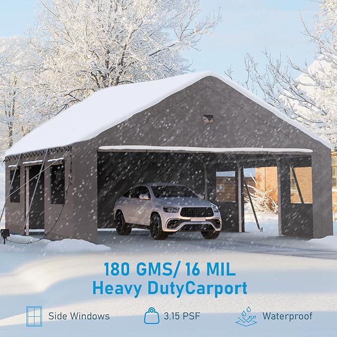 20x20 Carport, Heavy Duty Carport Canopy Garage with Removable Sidewalls and Drive Through Roll Up Zipper Doors & Side Doors, Grey