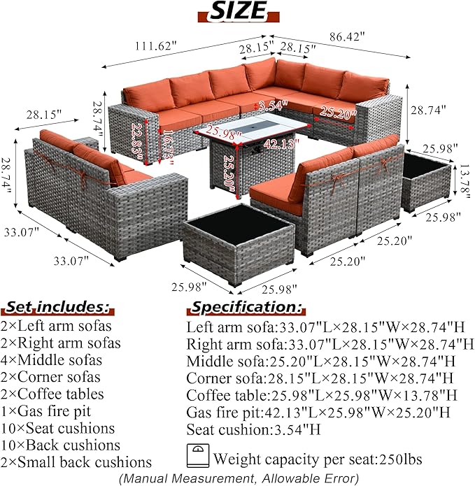 HOOOWOOO 13 Piece Modular Patio Outdoor Sectional Furniture Set with Gas Propane Fire Pit Table,Wicker Conversation Sofa Set,Out Door Couch Set with Wide Arm Outside(Orange Red)