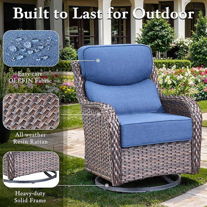 Luxury High Back Outdoor Furniture with 6-inch Extra Thick Cushions, Patio Furniture Set with Fire Pit Table & Swivel Chairs, 9 PCS Wicker Conversation Set for Yard, Deck, Poolside, Brown/Blue