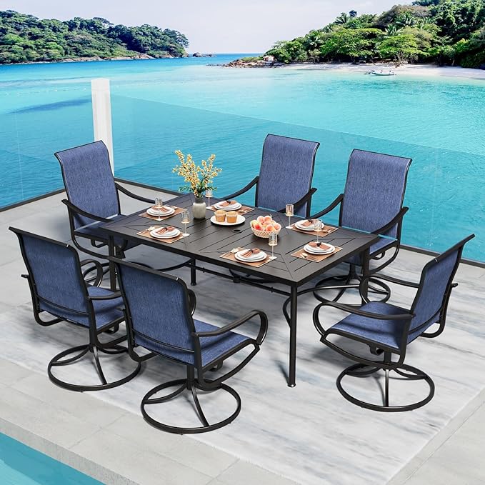 PHI VILLA 7 Piece Patio Dining Set, 6 Outdoor Swivel Patio Chairs & 1 Rectangular Large Metal Table (1.7" Umbrella Hole), All Weather Dining Furniture Set for Lawn Garden (Blue)