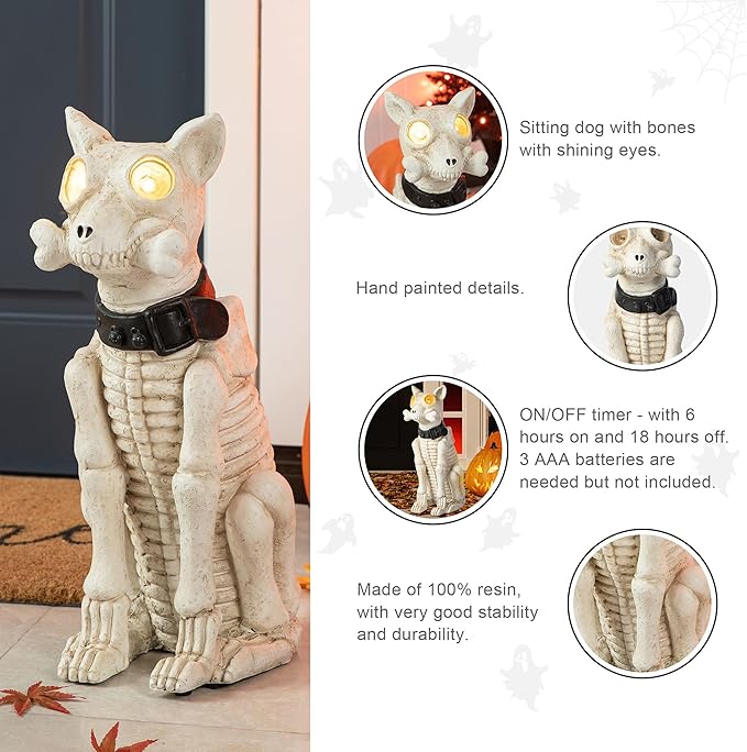 Glitzhome Halloween Porch Decorations, Lighted Halloween Front Porch Standing Sign Decor with Timer, MGO Skeleton Dog Sign for Indoor Patio Party, 20.5" H