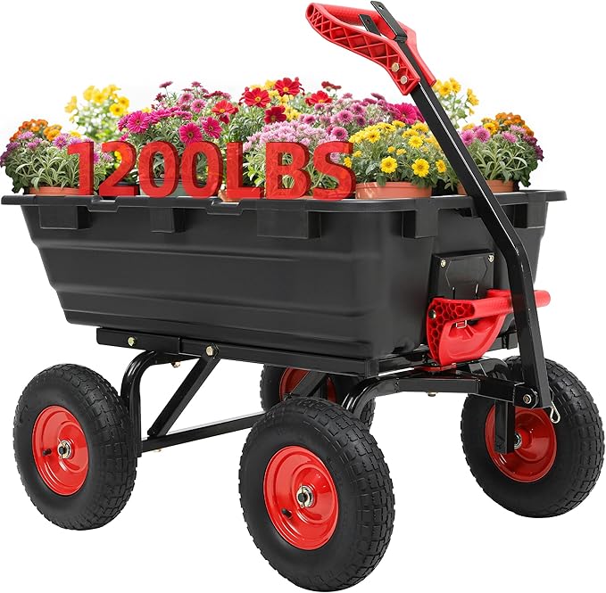 1200lbs Garden Dump Cart,Ultym Heavy Duty 7 Cu.Ft Trailer Dump Cart with Hitch,Garden Dump Wagon with 13" All Terrain Wheels & 2-in-1 Handle,Tow Behind for Lawn Mower Tractor ATV