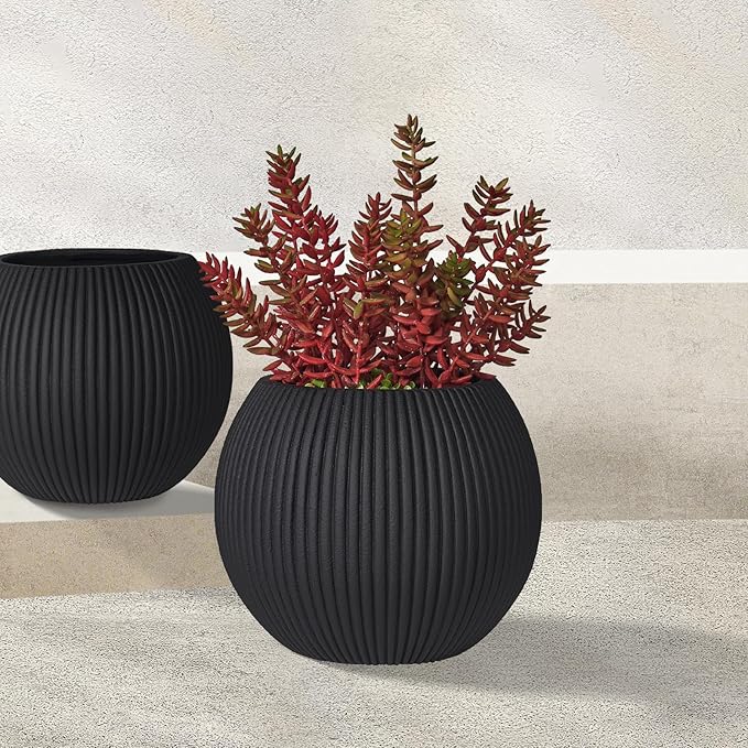 16 Inch Handmade Concrete Outdoor Planter - Classic Striped Design | Fiberglass & Composite Material | Durable for Commercial & Home Decor