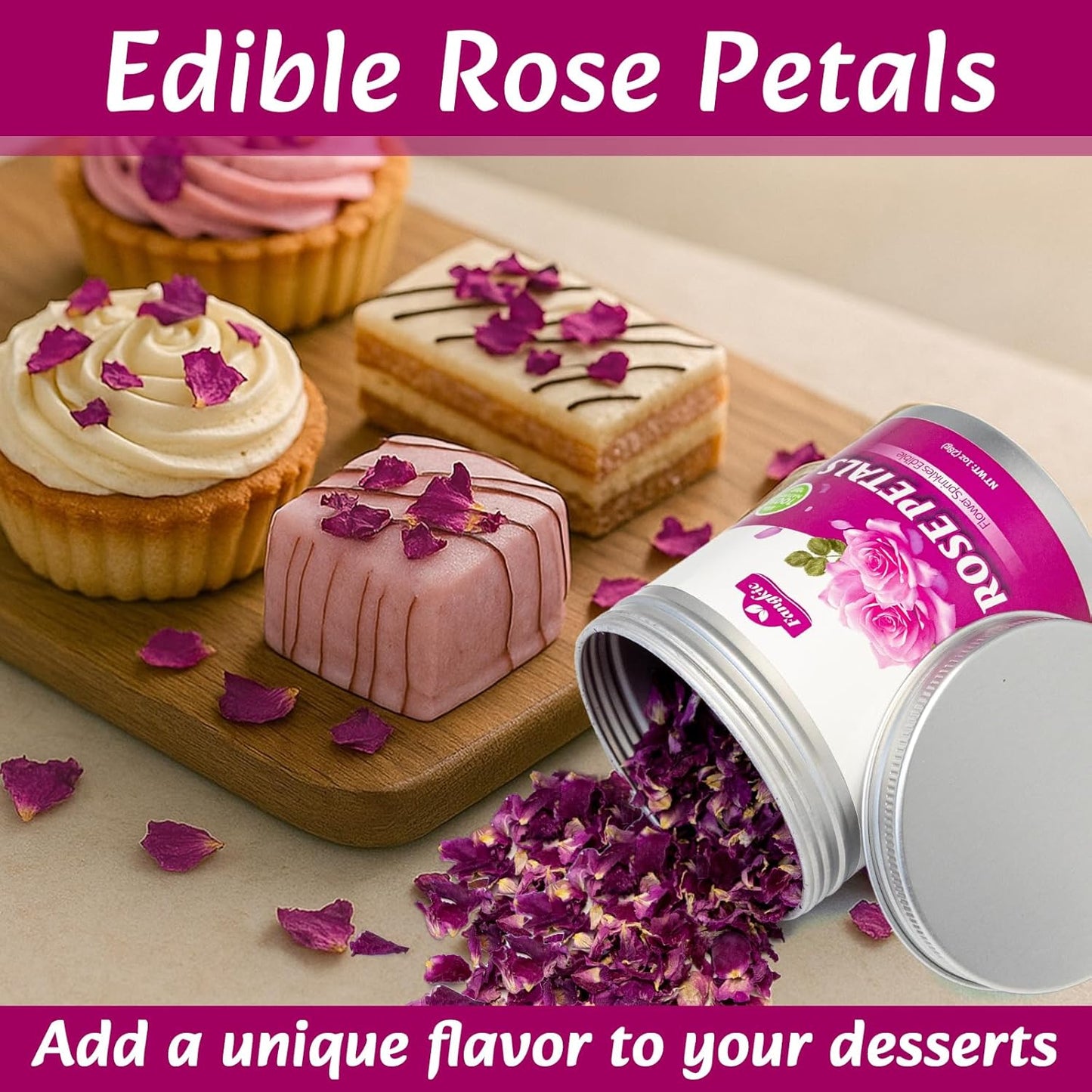 Fangkic Dried Rose Petals-1oz(28g) Dried Edible Flower Cake Decoration, Edible Rose Petal for Cocktails Drinks Baking Tea Soap & Candle Making, Gluten-Free, No Additives