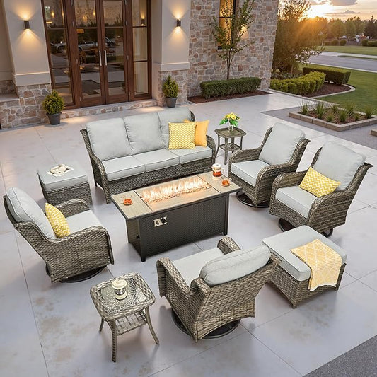 ovios 10 Pieces Patio Furniture Set, Outdoor Wicker Sofa Couch with Swivel Chairs 54" Fire Pit Table, All Weather High Back Modern Conversation Sets, Grey Rattan, Grey