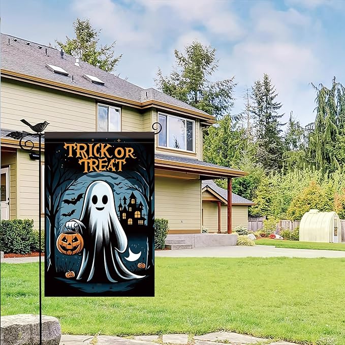 12x18 Inch Halloween Ghost Garden Flag Trick or Treat Ghost Yard Banner Pumpkin Lantern Outdoor Decoration Double Sided Seasonal Holiday Welcome Sign for Patio Lawn Home Party Fall Theme