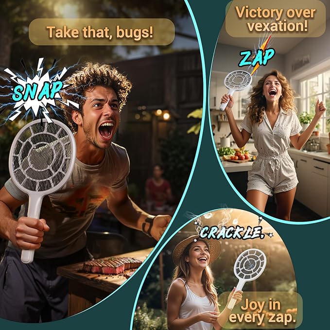 Electric Fly Swatter, Bug Zapper, Mosquito Zapper Racket | Gold Zone Voltage, Densest 3 mm Mesh, Apple-Like Weight - AA Battery Powered (not incl.) - Indoor & Outdoor Use with Pro Swat Tips