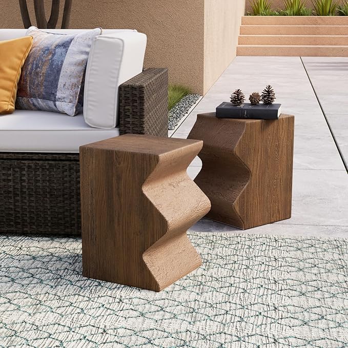 COSIEST Concrete Side Table, Set of 2 Rectangular Outdoor Side Tables, Decorative Garden Stools for Indoor Outdoor, Accent Table Patio Side Table Nesting End Table w Light Oak Colored Faux Wood