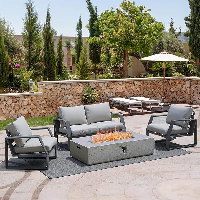 NAGA HABNA 56 Inch Propane Fire Pit Table, Rectangle Outdoor Fire Table (50,000 BTU), Gas Fire Pit w Lava Rocks for Garden, Pool, Backyard