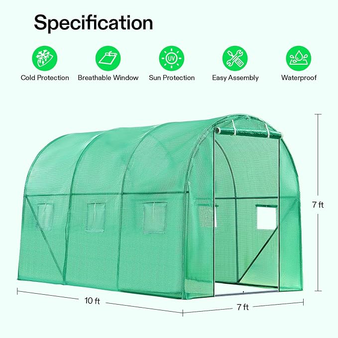 VIVOSUN 10x7x7 Ft. Large Walk in Greenhouse, Greenhouse Tunnel, Garden Plant Hot House with Green PE Cover, Roll-up Zipper Door and Window for Outdoor