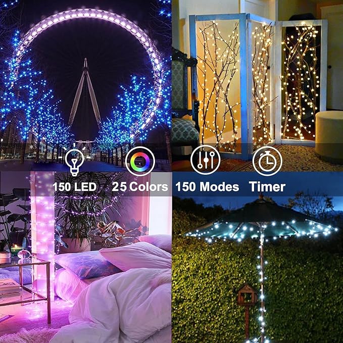 50ft Fairy Lights Plug in, Dimmable 25 Colors 14 Modes RGB+Warm White Color Changing String Lights,150LED Twinkle Lights with Remote, Outdoor String Lights for Room Garden Halloween Christmas Décor