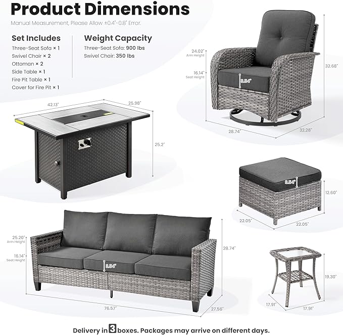 ovios 7 Pieces Patio Furniture Set, Outdoor Wicker Sofa Couch with Rocking Swivel Chairs Fire Pit Table, Modern Deep Seat Rattan Conversation Sets for Porch Deck, Black