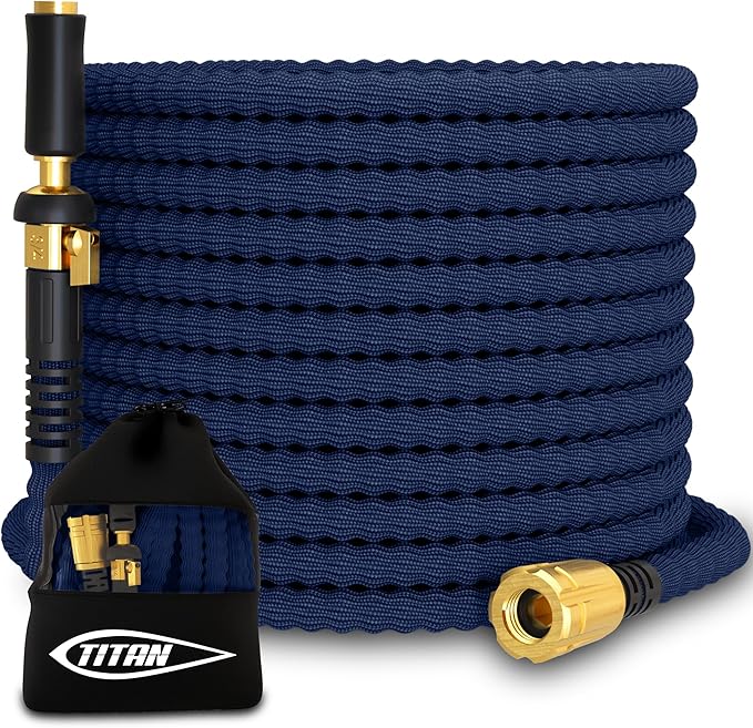 TITAN Flexible Garden Hose 50FT – Ultra Lightweight, Heavy Duty Water Hose with Brass Fittings & Jet Nozzle – Kink-Free, Non-Expanding, Durable Fabric Hose for Yard, Lawn, Car Wash, Outdoor Use