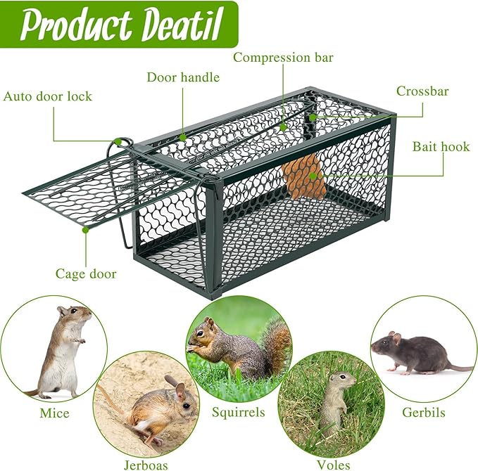 Qualirey 2 Pcs Humane Rat Trap Chipmunk Rodent Mouse Squirrel Trap Small Live Animal Mouse Voles Hamsters Live Cage Rat Mouse Cage for Mice Easy to Catch and Release (Green)