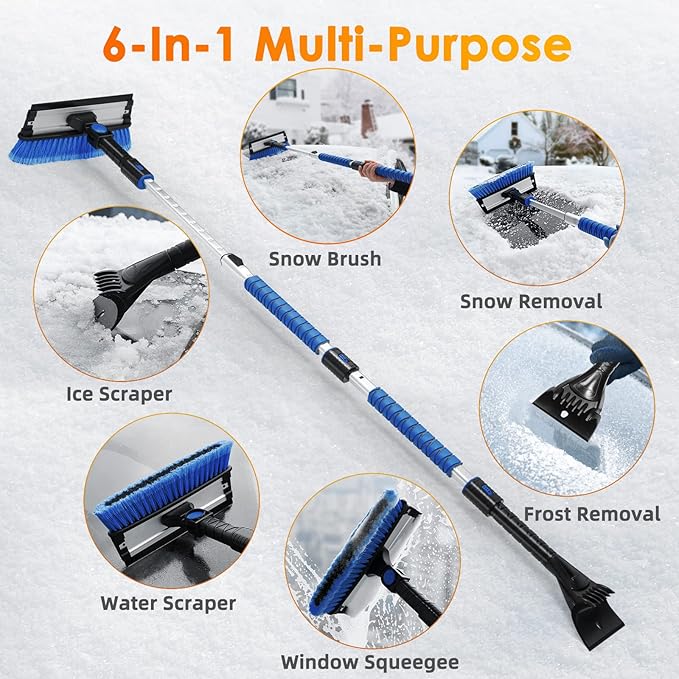 AstroAI 62.4" Ice Scrapers for Car Windshield, 3 in 1 Sturdy Snow Brush with Squeegee, 10 Adjustable Length Settings, Extendable Aluminum Handle, 180° Pivoting Snow Brush for Car, Truck, SUV(Blue)