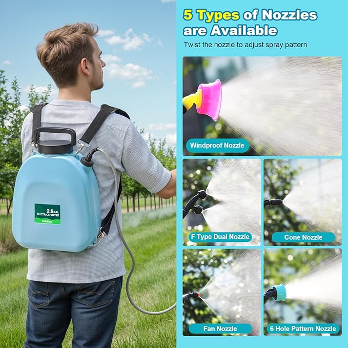 Battery Powered Backpack Sprayer, 2.6 Gallon Electric Garden Sprayer with 3 Adjustable Pressures, USB-C Charging, 5 Nozzles& 41″ Telescopic Wand for Weed Control, Pest Spray, Yard & Lawn Care