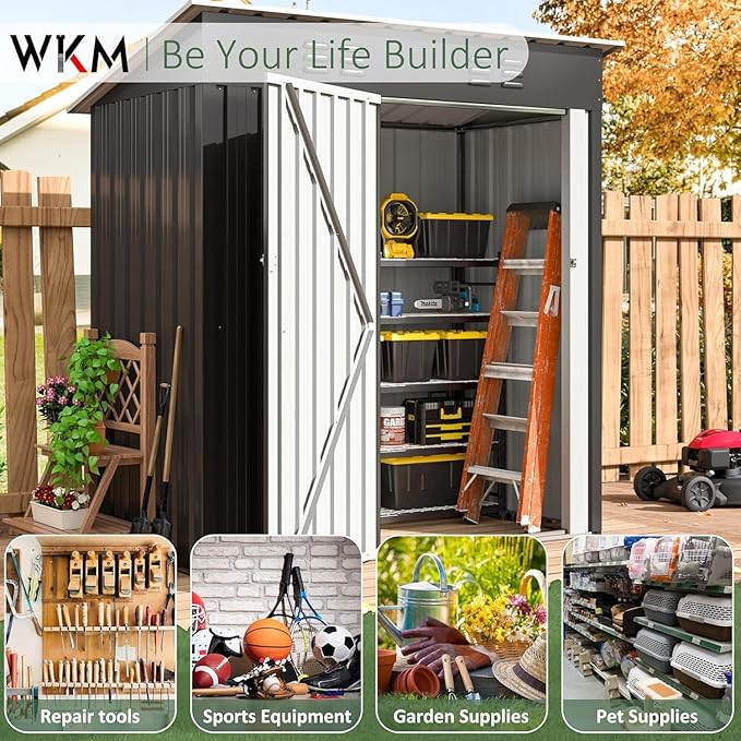 WKM 5X3 FT Outdoor Storage Shed, Utility Metal Tool Storage with Lockable Doors and Updated Frame Structure, Metal Garden Shed for Backyard, Patio Lawn, Black