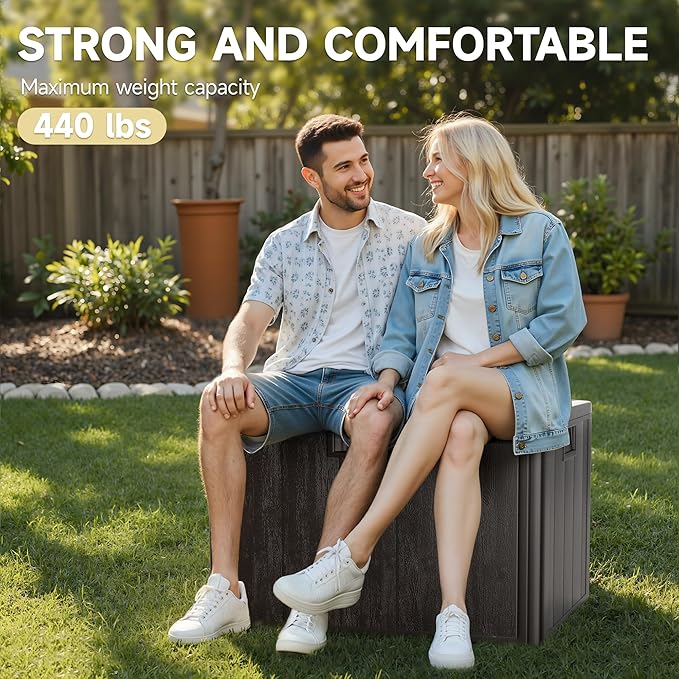 40 Gallon Deck Box, Double Layer Waterproof Resin Outdoor Indoor Storage Box, Lockable & UV Resistant Storage Bin for Patio Furniture, Garden Tools, Pool Accessories (Brown)