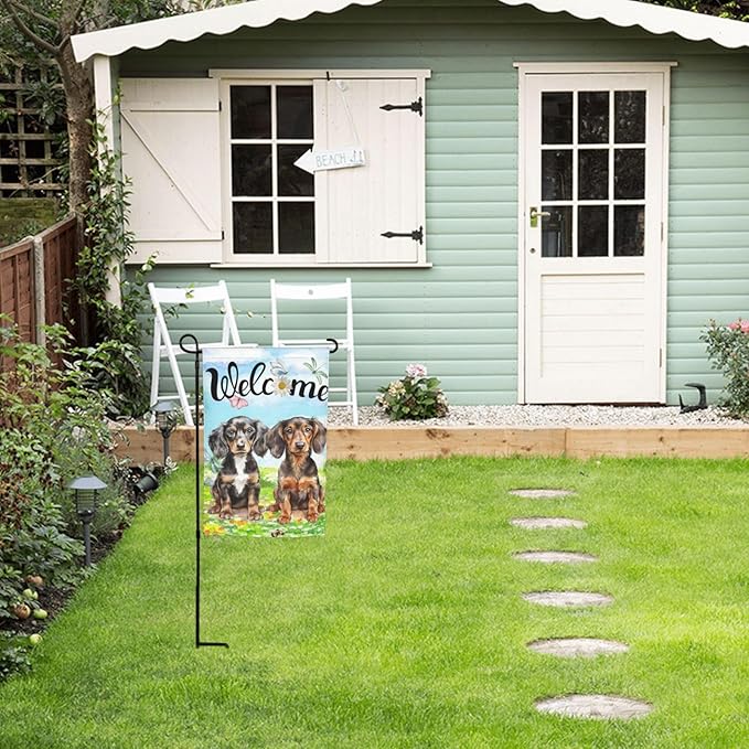 Cute Dachshund Dog Puppy Lovers Spring Flowers Florals Garden Flag Welcome Party Outdoor Outside Decorations Picks Home House Garden Yard Decor 12x18 Inch