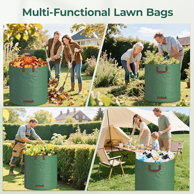 EsLuker.ly 4 Pack Garden Lawn Leaf Waste Bags, 132 Gallons Reusable Yard Litter Bag with 2 Pairs Gardening Gloves, Heavy Duty Trash Containers with Handles for Outdoor Cleanup, Ideal for Homeowners
