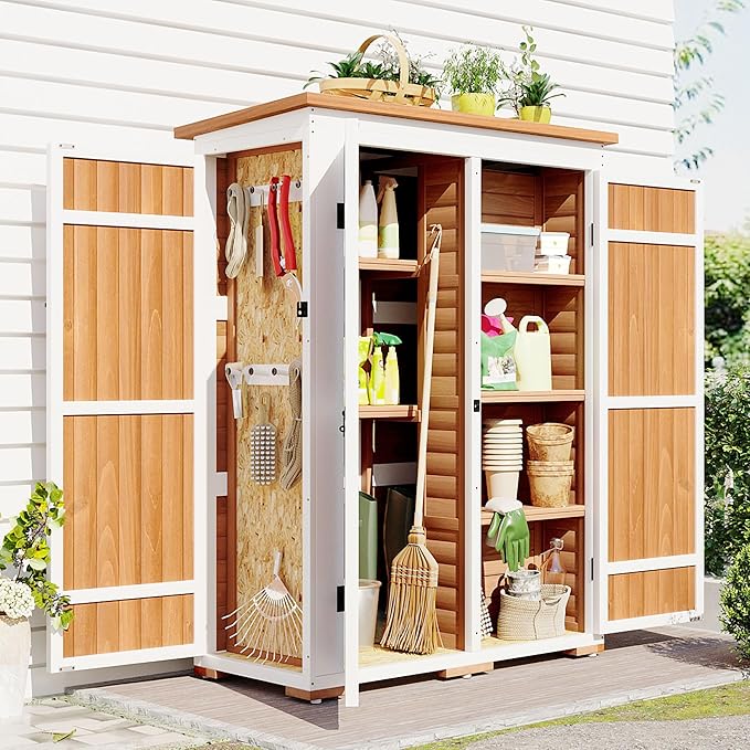 Harper & Bright Designs Outdoor Storage Cabinet Wood & Metal Garden Shed with Waterproof Roof and Sturdy Lockable Doors 59", Natural