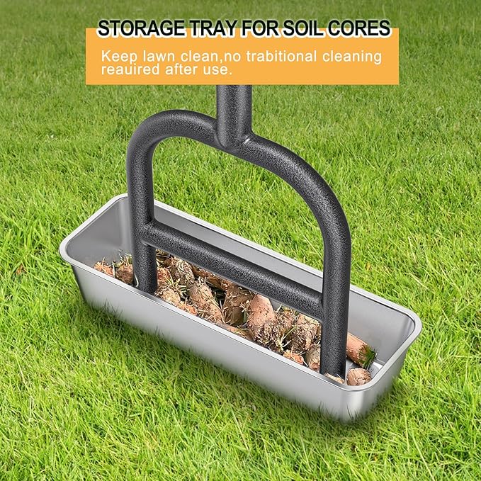 Dolibest Lawn Coring Aerator, Manual Lawn Aerator,4 Stainless Steel Corer Plug Aerator with Soil Core Storage Tray, Pre-Assembled Manual Grass Aerating Tool & Clean Hand Tool, Improving Lawn Health