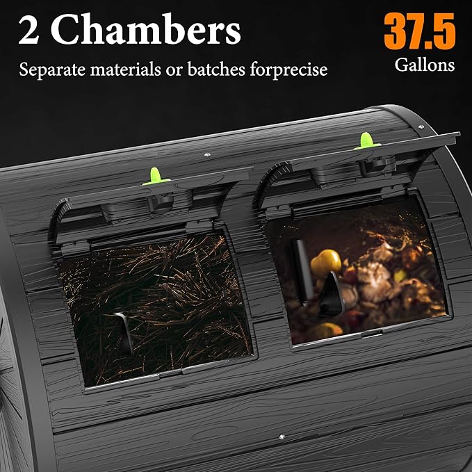 DRATO Compost Bin Outdoor 37.5 Gallon All-Season Dual Chamber Tumbling for Garden, Kitchen, Yard, Outdoor (Black)