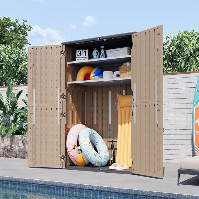Aoxun Outdoor Storage Shed with 2 Shelves & Floor, 64 Cu.Ft Large Outdoor Storage Cabinet, Waterproof Vertical Resin Shed for Garden Tools, Pool Equipment, Brown